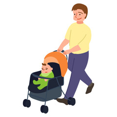 ベビーカーを押す父親のイラスト