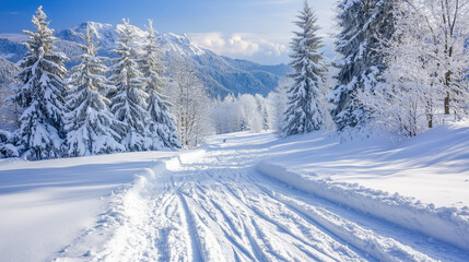 Obraz premium Skiers on snow-covered trail, vibrant mood, snowy mountain path