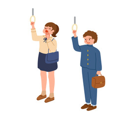 電車の吊り革につかまる男女の高校生のイラスト