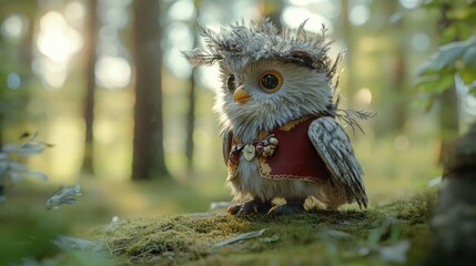 A fluffy baby owl wearing a Swedish folk costume, perched in a peaceful forest. Its bright and cheerful expression adds charm to the tranquil surroundings.