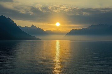 Serene sunset over a tranquil mountain lake
