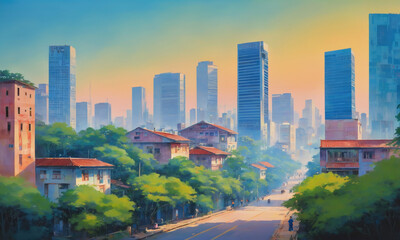 Fototapeta premium A street lined with trees and small houses stretches towards a city skyline at sunset