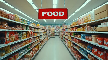 Grocery store aisle with various food products