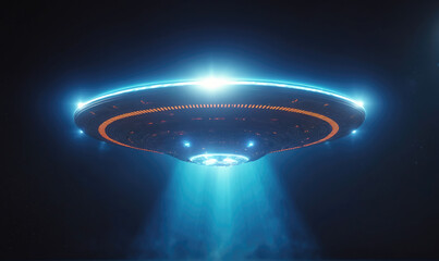 A glowing UFO hovers in the night sky, illuminating the darkness with its bright lights
