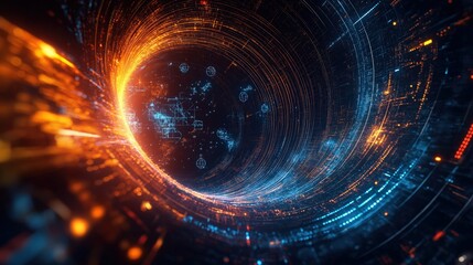 Obraz premium Abstract digital art illustration of a worldwide connection, swirling light trails weaving across continents, forming a network grid