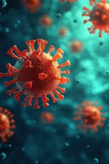 Close-up view of virus particles in a digital illustration.