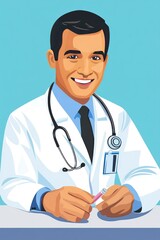 Fototapeta premium A smiling doctor in a white coat holding a test tube, representing healthcare and professionalism.