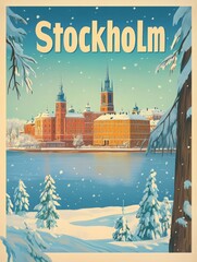 Obraz premium The poster captures a picturesque winter scene of Stockholm, featuring a serene waterfront and historic buildings blanketed in snow, inviting travelers to explore.