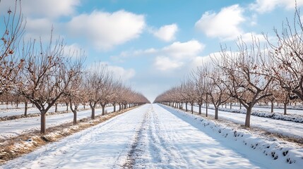 The snow-covered apple orchard, lined with tall trees that create an archway over the path leading to it