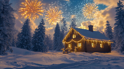 Cozy snow-covered cabin in a winter forest, decorated with Christmas lights. Fireworks light up the sky, creating a festive holiday scene, perfect for Christmas and New Year themes.