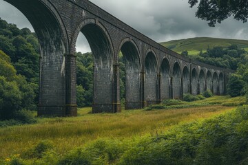 Fototapeta premium Dramatic stone railway viaduct in a lush green valley