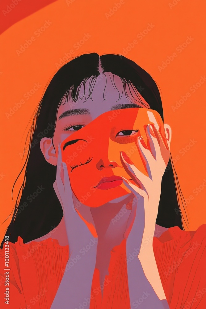 Sticker A digital illustration of a woman holding an orange mask, set against a vibrant orange background.