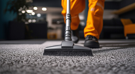 Clean and tidy office space, close-up of the carpet being vacuumed by a professional cleaner wearing a uniform in orange with black pants and shoes. The background is blurred to fo