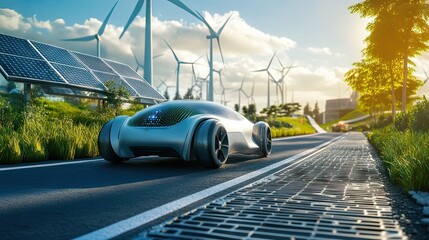 Obraz premium A futuristic hydrogen-powered car driving along a road surrounded by wind turbines and solar panels, symbolizing clean, renewable energy.