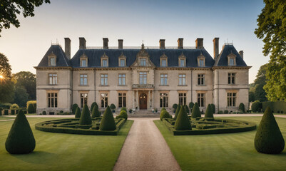 A grand, stone mansion stands on manicured grounds, surrounded by lush greenery and trimmed hedges