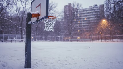 Snowy basketball court in the city