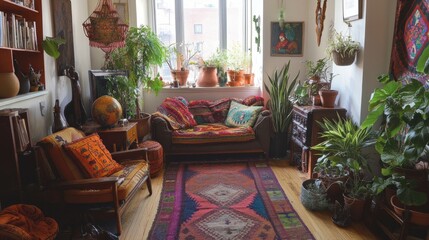 Eclectic boho living room with vintage furniture, vibrant textiles, and decorative plants, creating a warm, artsy space full of personality.