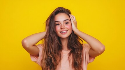 Happy Young Woman on Yellow Background