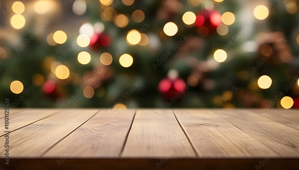 Aufkleber empty wooden table over defocused christmas background with copy space