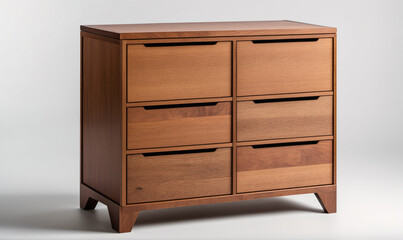 A wooden dresser with six drawers sits on a white background
