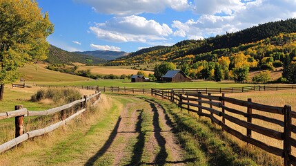 Fototapeta premium A winding dirt road leads to a rustic farmhouse in a valley surrounded by rolling hills and colorful autumn foliage.