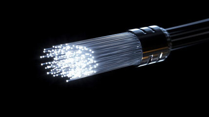 A close-up of a fiber optic cable with glowing white light inside, on a black background.