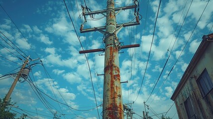 A rusted utility pole with numerous cables stretches upwards under a partly cloudy blue sky, evoking a sense of aging infrastructure amidst contemporary technology