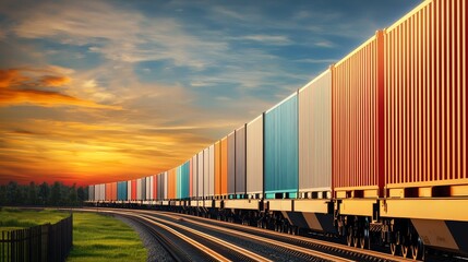 Obraz premium Cargo train with colorful containers moving under a sunset sky.