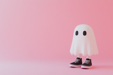 Girl in ghost costume against pastel pink background. Halloween party minimal concept.