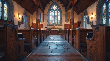 Fototapeta premium A serene and beautifully lit interior of a traditional church with intricate woodwork, stained glass windows, and neatly arranged pews leading up to the altar