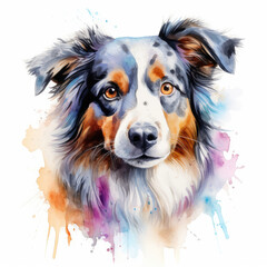 Fototapeta premium Watercolor painting of australian shepherd with white background