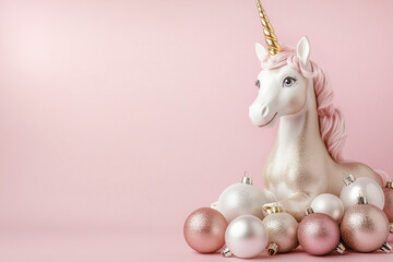 Pink glitter unicorn with gold and white decoration.Magic surreal style. Minimal composition.