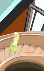a woman wearing a hijab going down the stairs inside a building from a high angle