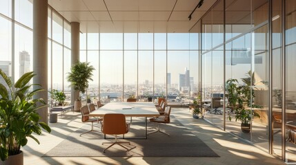 Glass-walled office interior with a meeting table, coworking desks, and panoramic windows providing natural light and city views.