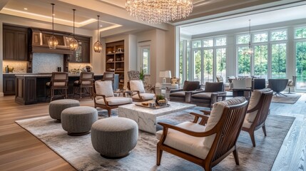 Living room with handcrafted wooden armchairs, elegant ottomans, a sleek marble coffee table, and a crystal chandelier illuminating the space.