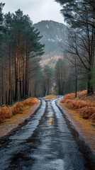 Obraz premium A scenic winding road through a forest in autumn with wet surfaces from rain, leading towards distant mountains shrouded in light mist