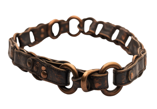 a brown leather bracelet with rings. 
