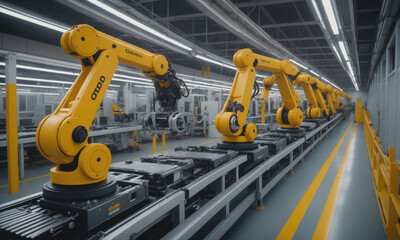 A row of robotic arms work on an assembly line in a modern factory
