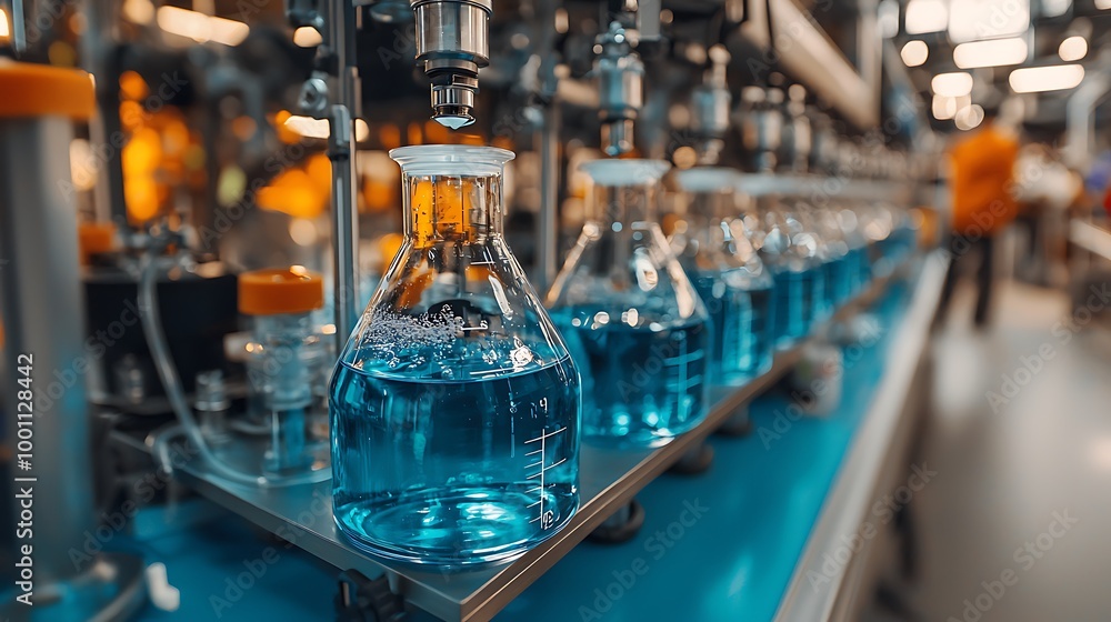 Poster an automated machine efficiently fills bottles with liquid, a symphony of industry.