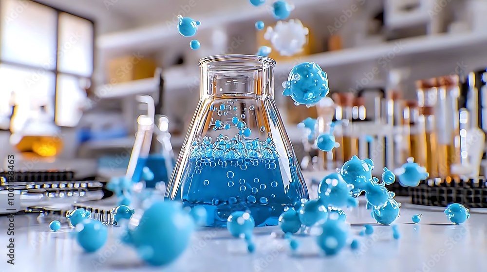 Poster blue droplets swirl in an erlenmeyer flask, hinting at the mysteries of science.