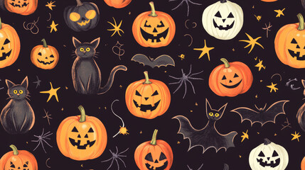 A fun Halloween pattern with pumpkins, cats, witches, bats, and spiders. This cute design is perfect for spooky wallpaper or fabric.