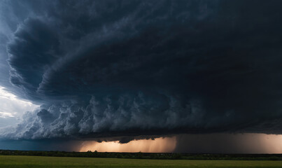 A large, dark storm cloud looms over a green field, casting a shadow as it rains