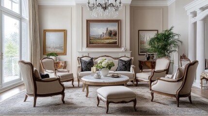 Fototapeta premium Luxury living room with handcrafted wooden armchairs, plush ottomans, a marble coffee table, and a classic crystal chandelier.
