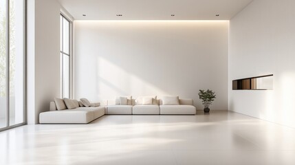 Minimalist modern living room with neutral color scheme, clean lines, and sleek furniture, embodying a calm and clutter-free space. ee2bd300e1b3