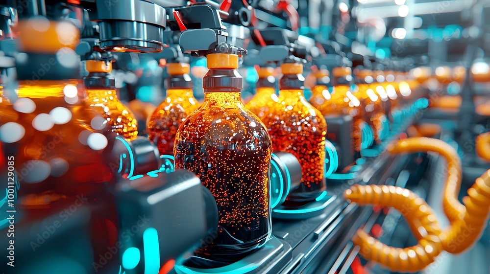 Poster an automated machine bottles sparkling beverages, a dance of efficiency and precision.