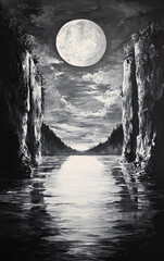 Fototapeta premium Serene Black-and-White Landscape with Tall Cliffs and Calm Water Reflection, Tranquil Nature Scene with Misty Horizon