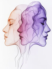 Obraz premium Abstract Line Drawing of Three Faces with Gradient Colors on a Clean White Background. Minimal style. Copy space. 