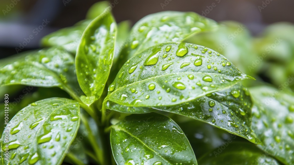 Wall mural Lush green leaves adorned with water droplets reflect the recent rainfall, showcasing nature's beauty in the garden