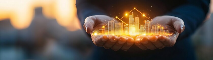 Hands holding glowing buildings and houses.