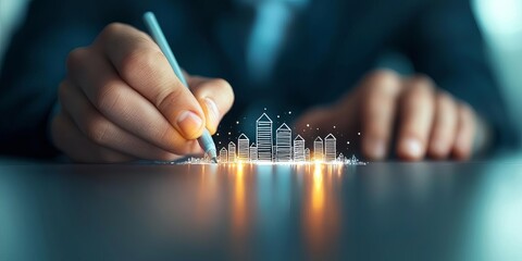 Naklejka premium Hand drawing modern city skyline with digital pen.